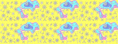 Raster illüstrasyonu. Skeç tarzı sarı ve mavi renkler. Raster illüstrasyonu. El yapımı çiçek ve bitki koleksiyonu. Şirin karalamalı çiçek deseni çiz..