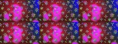 Suluboya elle çizilmiş çiçek desenli eskiz deseni. Parlak renkli fantezi çiçekleri, yapraklar, kırmızı ve kahverengi renkli tomurcuklar, kırmızı ve kahverengi.