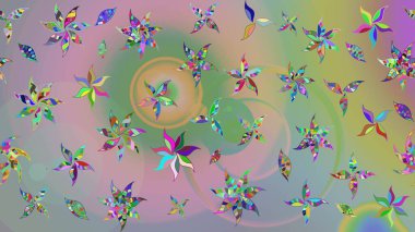 Tarafsız ve yeşil renklerdeki çok renkli ve yeşil zarif küçük çiçekler ve komik böcekler, raster desen, illüstrasyon.