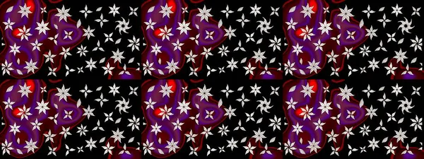 Raster illüstrasyonu. Siyah ve mor renklere karalamalar çizilmiş çiçek deseni.