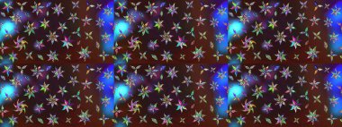 Raster illüstrasyonu. Çiçek desenli çizim. Asya tekstil tarzında. Raster illüstrasyonu. Kahverengi ve mavi renkte çiçekler.