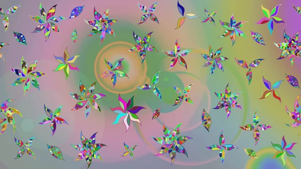 Tarafsız ve yeşil renklerdeki çok renkli ve yeşil zarif küçük çiçekler ve komik böcekler, raster desen, illüstrasyon.