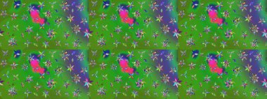 Çok renkli, zarif küçük çiçekler ve komik böcekler, raster desen, illüstrasyon.