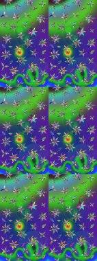 Patlayan çiçekler soyut olarak yerleştirilmiş. Raster deseni. Yumuşak, bahar çiçekleri yeşil ve mavi renklerde. Raster illüstrasyonu.