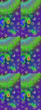 Çiçek desenli çizim. Raster illüstrasyonu. Asya tekstil tarzında. Yeşil ve mavi renkte çiçekler. Renkli Bahar Teması eskiz kalıbı. Düz Çiçek Elementleri Tasarımı.