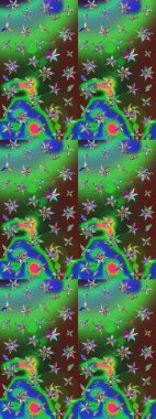 Sevimli çiçek raster deseni. Yeşil ve mavi renkte çiçekler. Renkli Bahar Teması eskiz kalıbı. Düz Çiçek Elementleri Tasarımı.