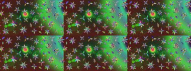 Renkli desenli eskiz deseni, yeşil ve kahverengi çiçekler ve dekoratif elementler. Eskiz geçmişi. Raster illüstrasyonu. Kumaş, tekstil, duvar kağıdı baskısı için. Antika retro tarzı.