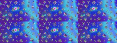 Elle boyanmış suluboya resim çizimleri, çiçekler ve bitkiler. Mavi ve mor renkte çiçekler.