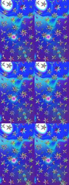 Mavi ve menekşe renginde çiçekler olan çiçek deseni çiz. Suluboya tarzında mavi ve mor renkte çiçekler.