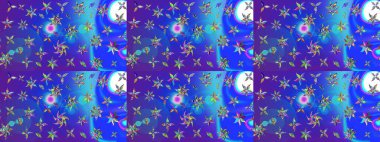 Raster düz çiçek çizim deseni. Hediye ambalaj kağıdı, tebrik kartları, posterler ve pankart tasarımı. Mavi ve mor renkte çiçekler.