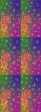 Mor ve yeşil renklere karalamalar çizilmiş çiçek deseni. Raster illüstrasyonu.