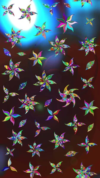 Raster illüstrasyonundaki çiçek desenli çizim. Kahverengi ve mavi renkte çiçekler.