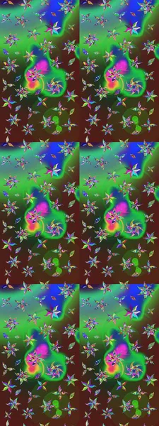 Çiçekli karalama şeklinde Raster çiçek deseni. Nazik, sevimli çiçek arkaplanı. Yeşil ve kahverengi renkte çiçekler.