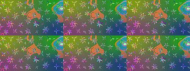 Yumuşak, bahar çiçekleri yeşil ve mavi renklerde. Raster illüstrasyonu. Raster deseni. Patlayan çiçekler soyut yerleştirilmiş.