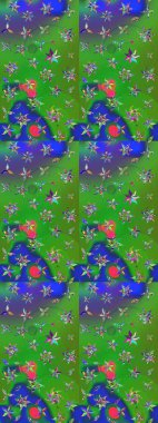 Çiçeksel elementlerle süslenmiş zarif raster dokusu. Parlak çiçekli yeşil ve mavi renkler üzerine soyut çizim deseni. Küçük çiçekte şirin bir çiçek deseni var..