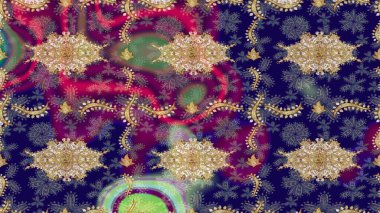 Altın elementlerle mavi renklerde altın desen. Klasik klasik klasik arka plan. Klasik Raster altın desenini çiz. Geleneksel oryantasyon süsü.