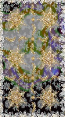 Süslü dekorasyon. Raster illüstrasyonu. Damask altın soyut çiçek gri renklerde pürüzsüz desen.