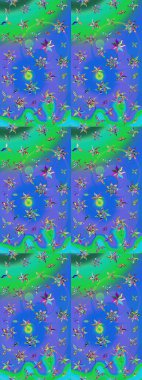 Raster illüstrasyonu. Renkli Bahar Teması eskiz kalıbı. Çiçek desenli çizim. Asya tekstil tarzında. Düz Çiçek Elementleri Tasarımı. Mavi ve yeşil renkte çiçekler.