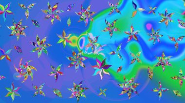 Renkli Bahar Teması eskiz kalıbı. Mavi ve mor renkte zarif çiçek buketi suluboya. Raster illüstrasyonu. Düz Çiçek Elementleri Tasarımı.