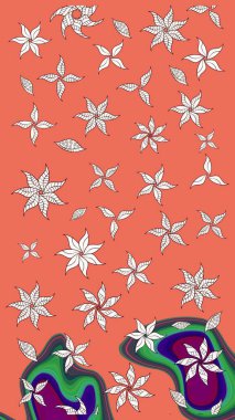 Raster illüstrasyonu. Çiçek desenli çizim. Turuncu ve nötr renklerde Asya tekstili.