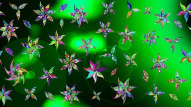 Raster deseni. Bahar çiçekleri dallı desen, yeşil ve mavi renkler çiçekli siluet.