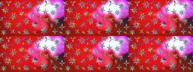 Raster - stok. Yapraklı çiçekler ve kırmızı ve pembe renklerde papatya çiçekleri. Taslak arkaplan deseni.