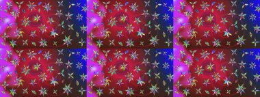 Çiçek ve yapraklı karalama şeklinde Raster çiçek deseni. Raster illüstrasyonu. Kibarca, bahar çiçekleri kırmızı ve mavi renklerde.