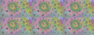 Tarafsız ve yeşil, tarafsız ve yeşil. El çizimi çiçek unsurları olan soyut çizim raster deseni. 1950-1960 motifleri. Çiçekli ipek eşarp. Retro tekstil tasarım koleksiyonu.