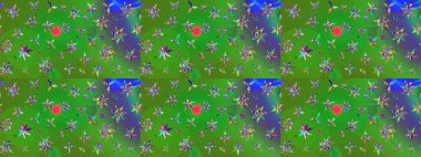 Raster suluboya çiçek deseni, narin çiçekler, yeşil ve mavi çiçekler, tebrik kartı şablonu. Güzel kumaş deseni.