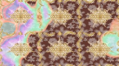 Barok tarzında altın çiçekli süs. Damask çizimi tekrarlanıyor. Doku arka planında altın duvar kâğıdı. Bej renklerdeki altın element.