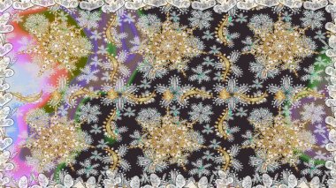 Raster illüstrasyonu. Dekoratif simetri arabesk. Kusursuz ortaçağ çiçek deseni. Gri renklerde altın. Doğum günü, davetiye ya da afiş için tebrik kartı.