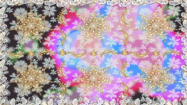 Dekoratif simetri arabesk. Kusursuz ortaçağ çiçek deseni. Tarafsız renklerde altın. Raster illüstrasyonu. Doğum günü, davetiye ya da afiş için tebrik kartı.