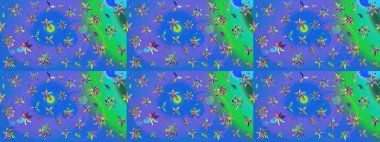 Mavi ve yeşil renkli çiçekler. Nazik romantik baskı. Bahar mevsimi. Raster güzel bir çiçek deseni çizmiş. Tatil havası..