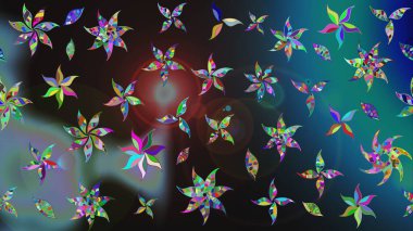 Çiçek desenli çizim. Raster illüstrasyonu. Raster illüstrasyonu. Asya tekstil tarzında. Mavi ve gri renkte çiçekler.