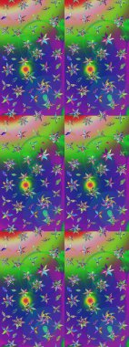 Renkli desenli eskiz deseni, yeşil ve mavi çiçekler ve dekoratif elementler. Eskiz geçmişi. Raster illüstrasyonu. Kumaş, tekstil, duvar kağıdı baskısı için. Antika retro tarzı.