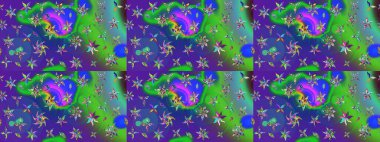 Şirin çiçekli eskiz deseni ve yeşil ve mor renkli yapraklar, suluboya çiçek deseni, duvar kağıdı, kart ya da kumaş için fayanslı. Raster illüstrasyonu.