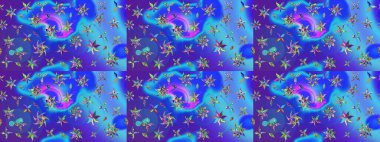 Çiçekli güzel suluboya desen. Raster illüstrasyonu. Mavi ve mor renklerde.