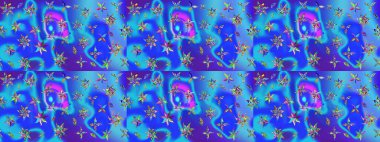 Raster düz çiçek çizim deseni. Hediye ambalaj kağıdı, tebrik kartları, posterler ve pankart tasarımı. Mavi ve mor renkte çiçekler.