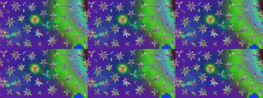 Çiçekler. Soyut etnik raster çizim kalıbı. Vadinin çiçekleri yeşil ve mavi renklerde.