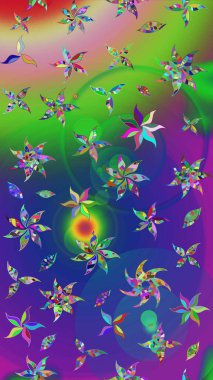 Renkli desenli eskiz deseni, yeşil ve mavi çiçekler ve dekoratif elementler. Eskiz geçmişi. Raster illüstrasyonu. Kumaş, tekstil, duvar kağıdı baskısı için. Antika retro tarzı.