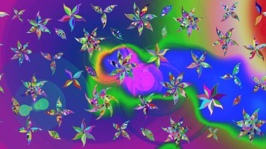 Çiçek desenli çizim. Raster illüstrasyonu. Asya tekstil tarzında. Mavi ve mor renkli çiçekler. Raster illüstrasyonu.