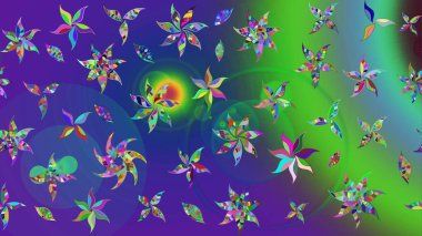 Raster illüstrasyonundaki çiçek desenli çizim. Suluboya tarzında yeşil ve mavi renkte çiçekler.