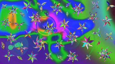 Çiçeksel çizim kalıbının yansıması. Vadinin çiçekleri yeşil ve mavi renklerde.