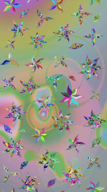 Raster deseni. Patlayan çiçekler soyut olarak yerleştirilmiş. Tarafsız ve yeşil renklerde bahar çiçekleri. Raster illüstrasyonu.