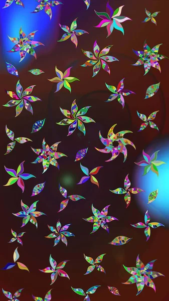 Çiçekli karalama şeklinde Raster çiçek deseni. Raster illüstrasyonu. Yumuşak, yaz çiçekleri kahverengi ve mor renklerde.