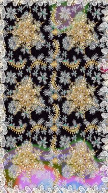 Çiçek deseni. Kusursuz raster arka plan. Gri ve siyah renklerde altın elementler. Duvar kâğıdı barok, İspanyol kumaşı. Şekil grafik deseni.