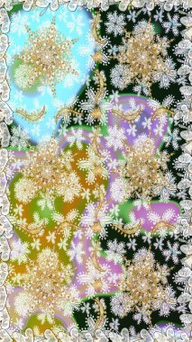 Altın antika ortaçağ dekoratifi, yaprakları ve gri renklerde altın desenli süslemeleri olan pürüzsüz bir şablon. Kusursuz kraliyet lüksü, altın barok kumaş rengi..