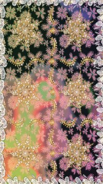 Gri ve bej renklerde altın bir element. Damask arkaplanı. Altın çiçekleri. Barok tarzında altın çiçekli süs..