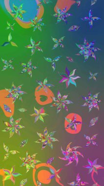 Ağaç dallı bahar çiçekli desen, çiçek siluetiyle yeşil ve mavi renkler. Raster deseni.