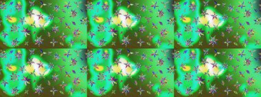 Raster Çiçek İllüstrasyonu güzel tekstil. Yeşil ve mavi renkli etnik çiçeklerle zarif bir eskiz deseni.